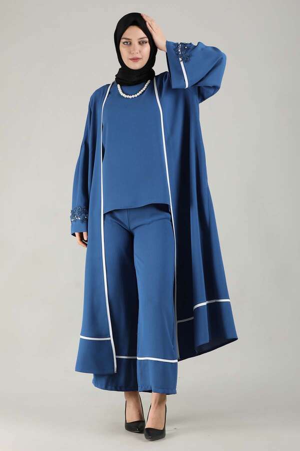 Ribbed Abaya Suit İndigo - 3