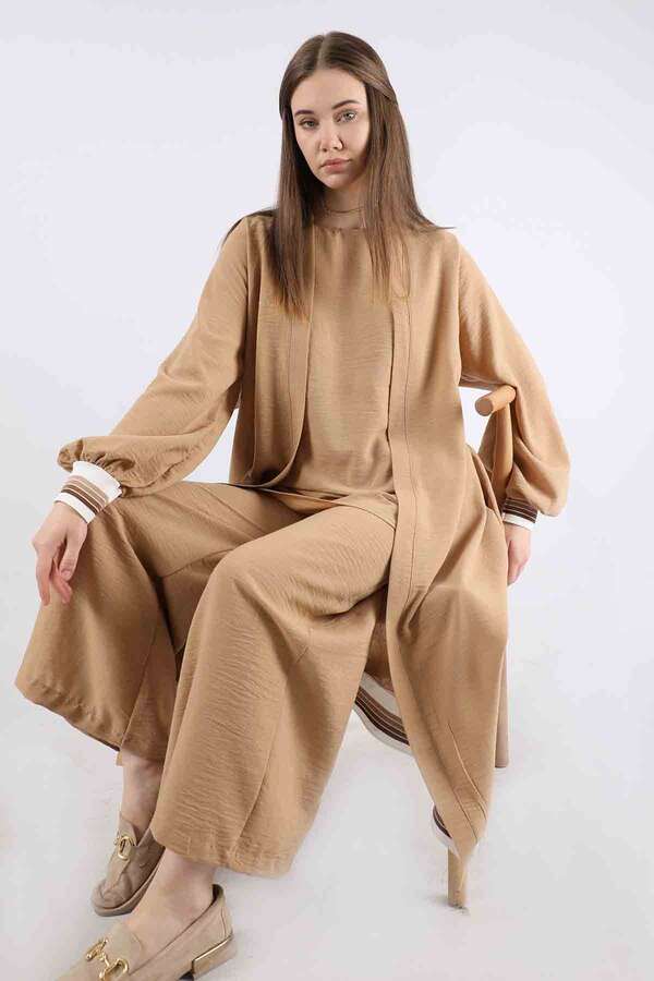 Ribbed Abaya Suit Camel - 1