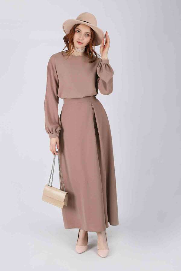 Ribbed Skirt Blouse Set Mink - 1