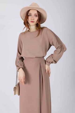 Ribbed Skirt Blouse Set Mink - 2