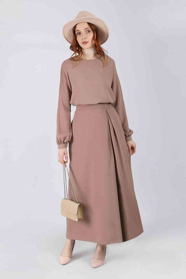 Ribbed Skirt Blouse Set Mink - 3