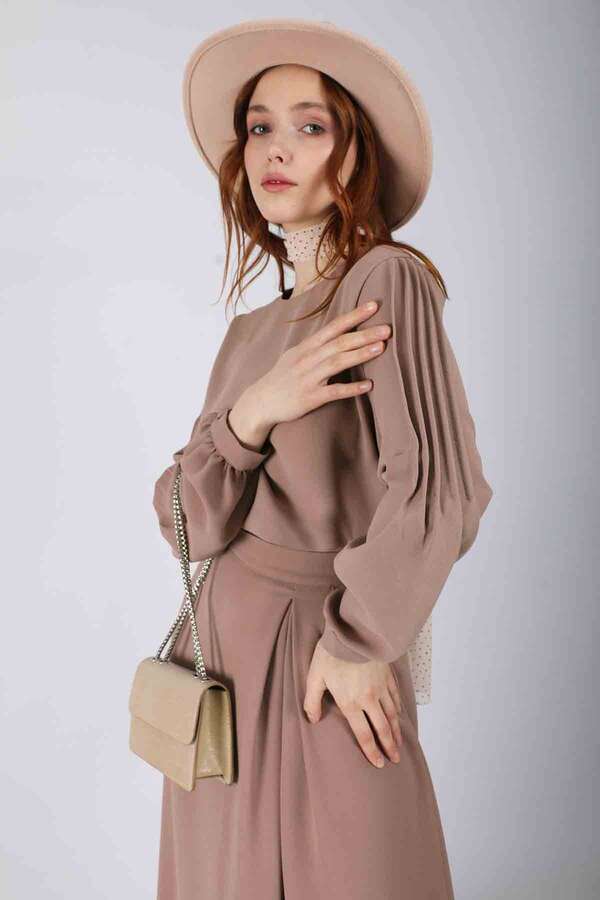 Ribbed Skirt Blouse Set Mink - 4