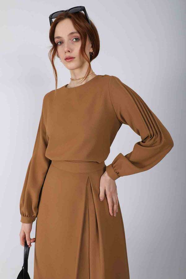 Ribbed Skirt Blouse Set Tan - 2