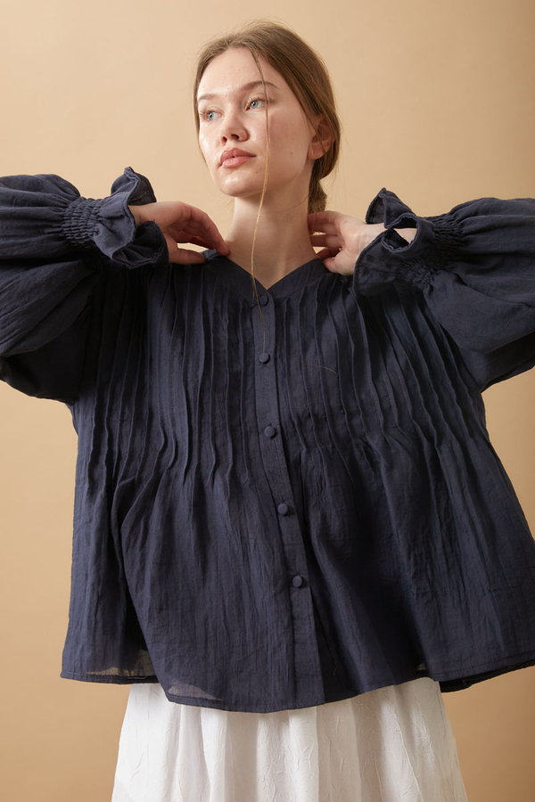 Ribbed Voile Shirt Navy Blue - 5