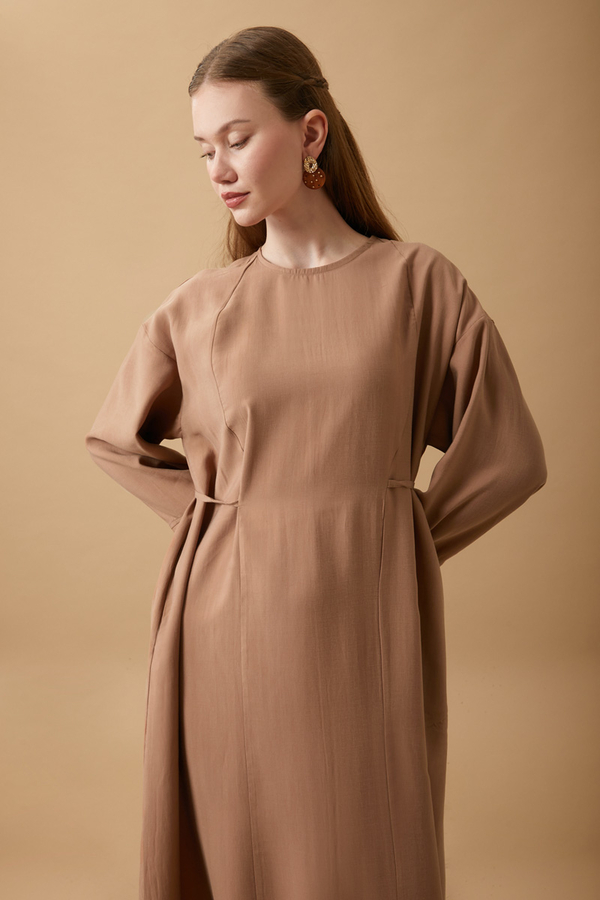 Ribbon Detail Dress Tan - 8