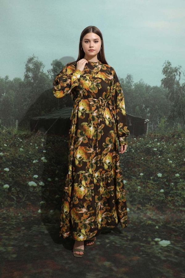 Robalı Desenli Elbise Kahverengi - 4