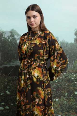 Robalı Desenli Elbise Kahverengi - 5