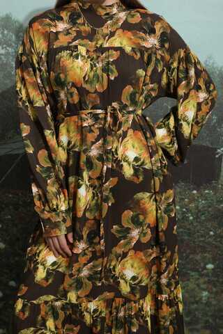 Robalı Desenli Elbise Kahverengi - 1