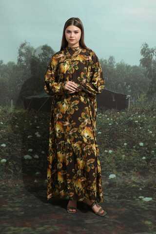 Robalı Desenli Elbise Kahverengi - 2