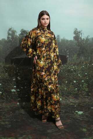 Robalı Desenli Elbise Kahverengi - 6