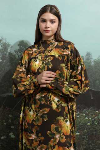 Robalı Desenli Elbise Kahverengi - 3