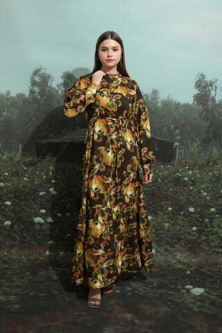 Robalı Desenli Elbise Kahverengi - 4