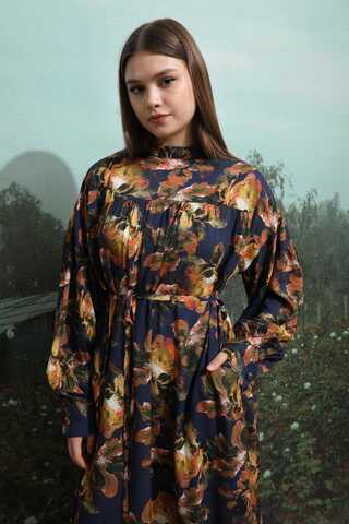 Robalı Desenli Elbise Lacivert - 7