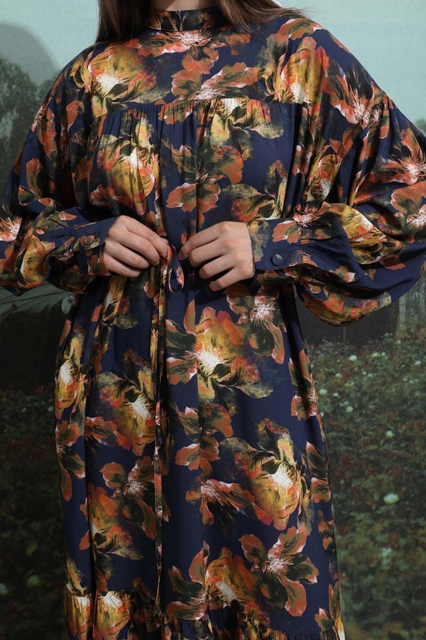 Robalı Desenli Elbise Lacivert - 9