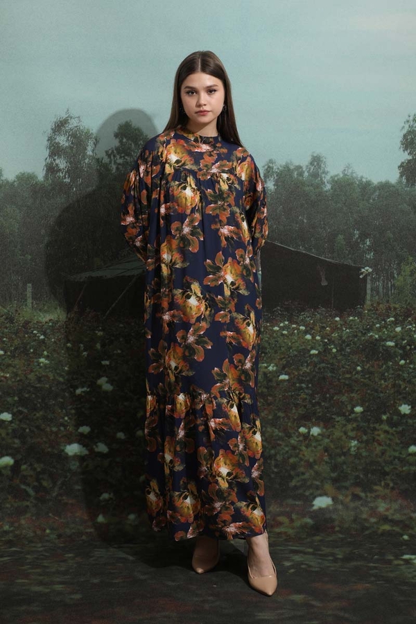 Robalı Desenli Elbise Lacivert - 8