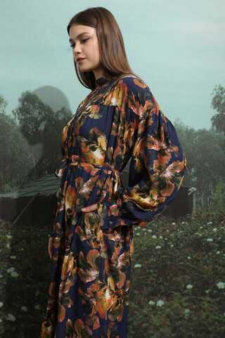 Robalı Desenli Elbise Lacivert - 11