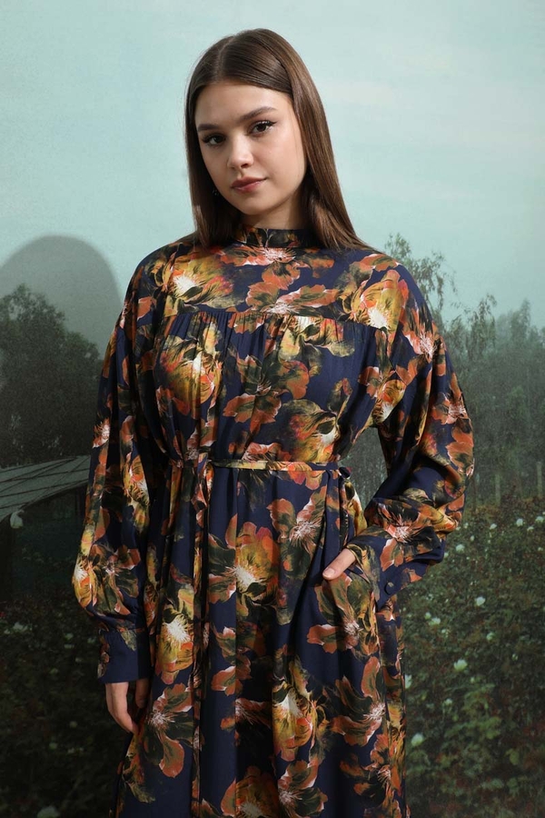 Robalı Desenli Elbise Lacivert - 7