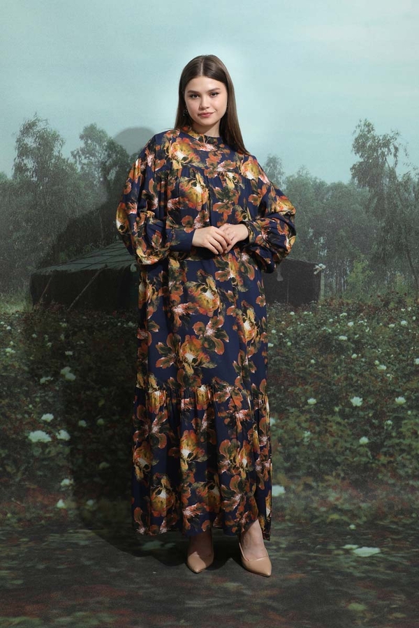 Robalı Desenli Elbise Lacivert - 6