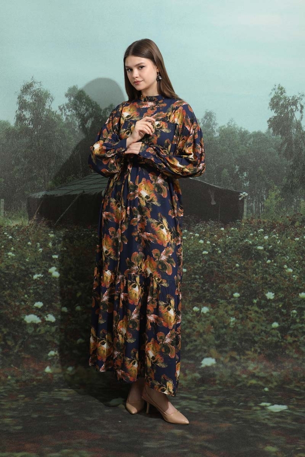 Robalı Desenli Elbise Lacivert - 10