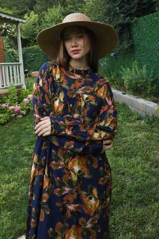 Robalı Desenli Elbise Lacivert - 4