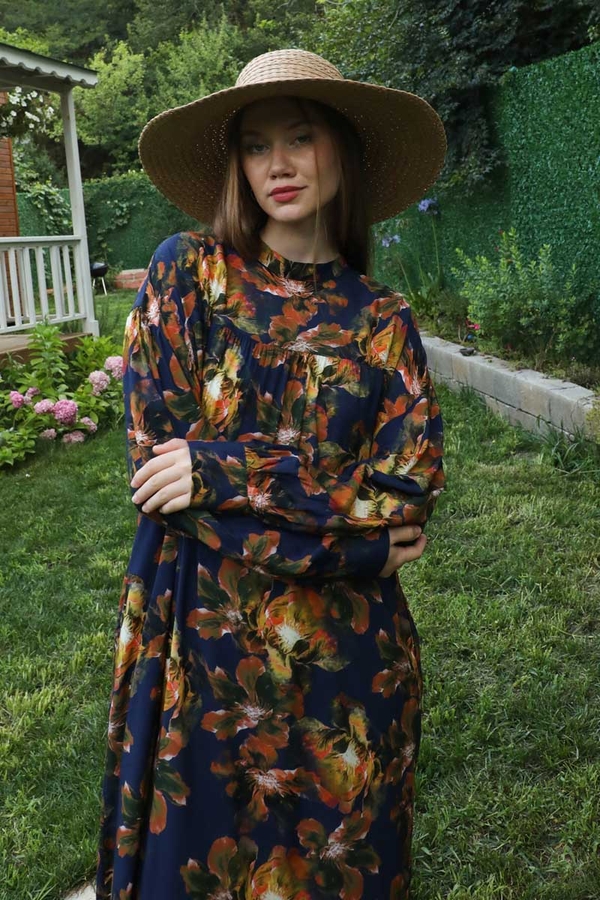 Robalı Desenli Elbise Lacivert - 4