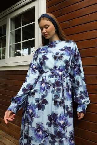 Robalı Desenli Elbise Mavi - 1