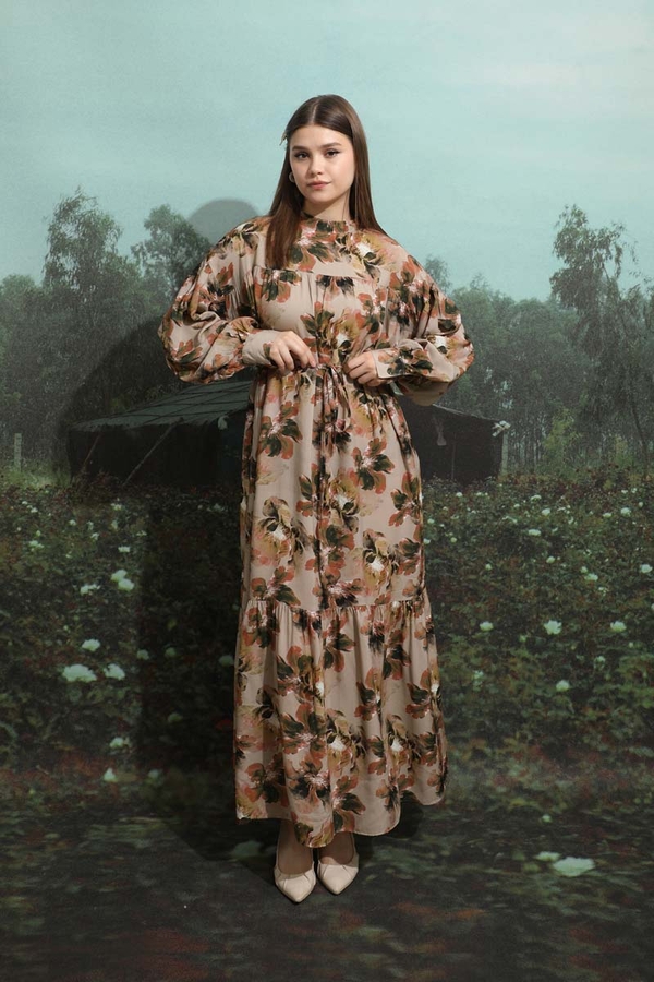 Robalı Desenli Elbise Vizon - 8