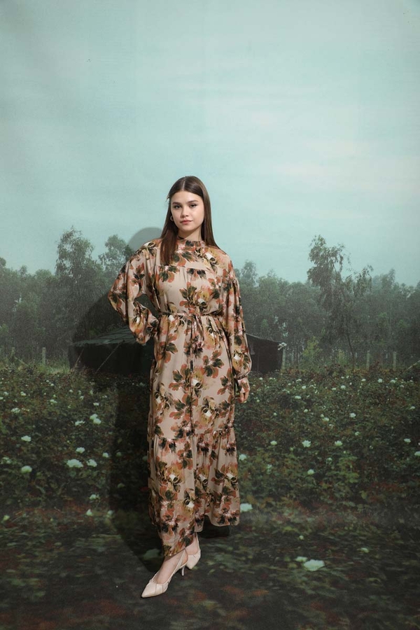 Robalı Desenli Elbise Vizon - 10