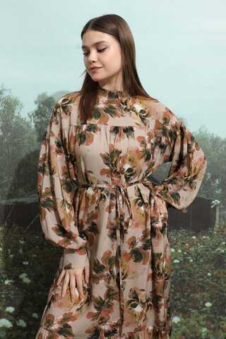 Robalı Desenli Elbise Vizon - 6