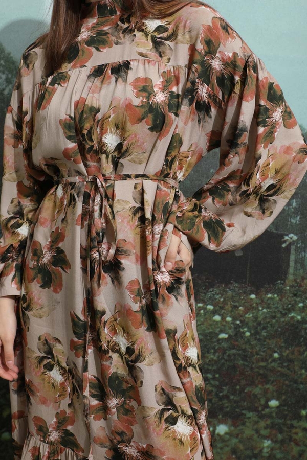 Robalı Desenli Elbise Vizon - 9