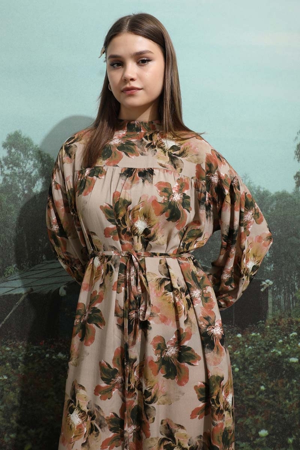 Robalı Desenli Elbise Vizon - 11