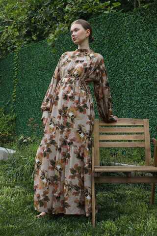 Robalı Desenli Elbise Vizon - 3