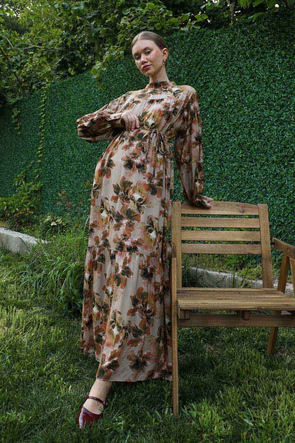 Robalı Desenli Elbise Vizon - 4