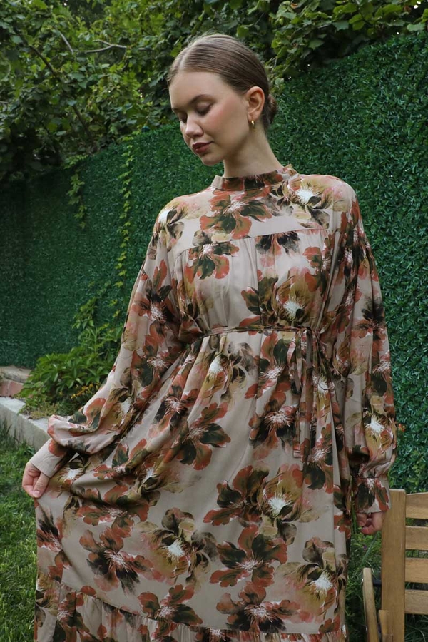 Robalı Desenli Elbise Vizon - 5