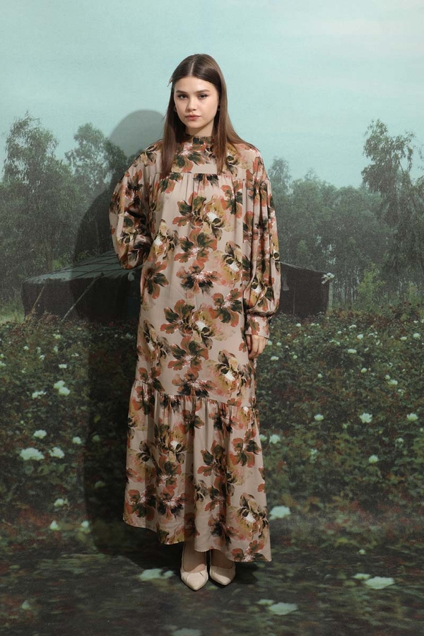 Robalı Desenli Elbise Vizon - 7