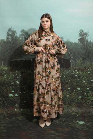 Robalı Desenli Elbise Vizon - 8