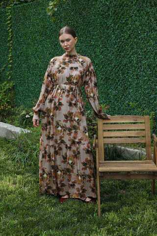 Robalı Desenli Elbise Vizon - 1