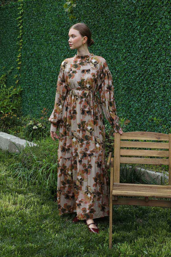 Robalı Desenli Elbise Vizon - 2