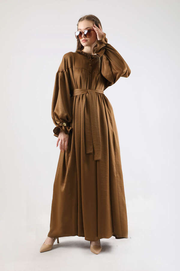 Robalı Saten Elbise Kahve - 1