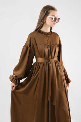 Robalı Saten Elbise Kahve - 2