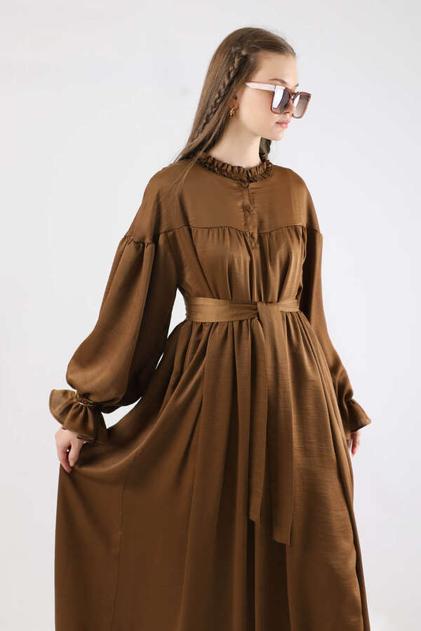 Robalı Saten Elbise Kahve - 2
