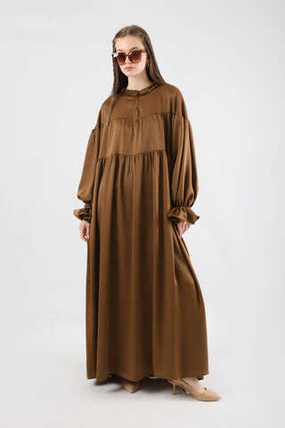Robalı Saten Elbise Kahve - 3