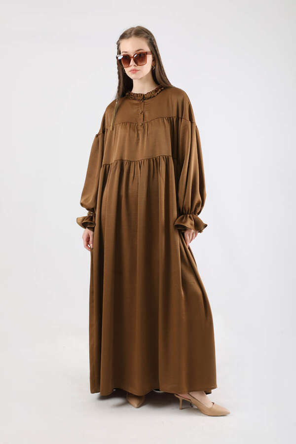 Robalı Saten Elbise Kahve - 3