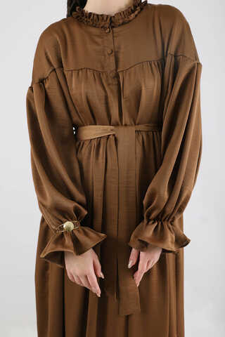 Robalı Saten Elbise Kahve - 4