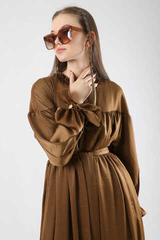 Robalı Saten Elbise Kahve - 5
