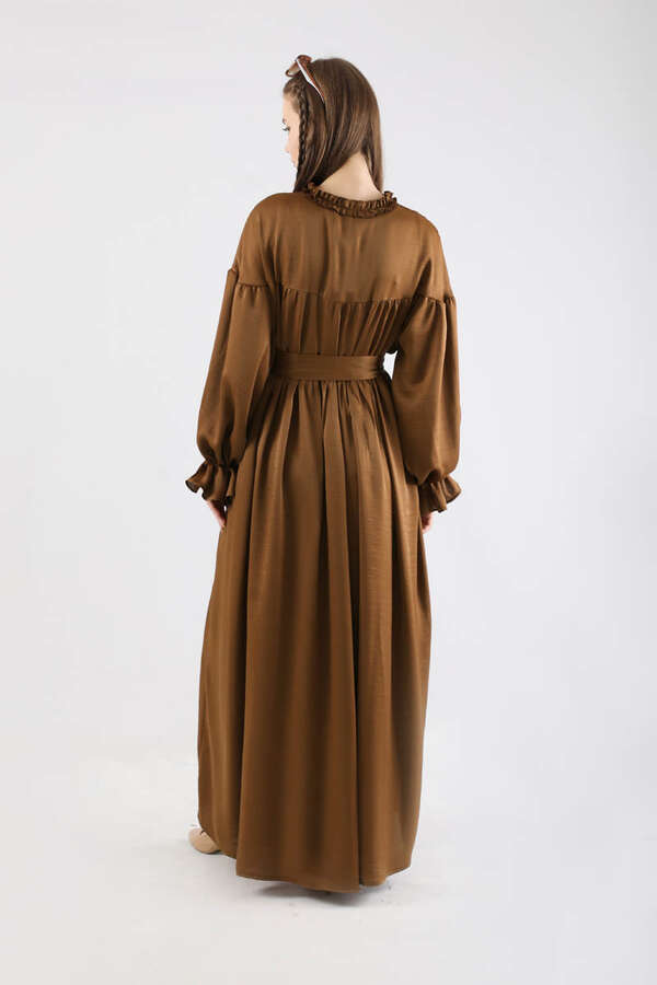 Robalı Saten Elbise Kahve - 6
