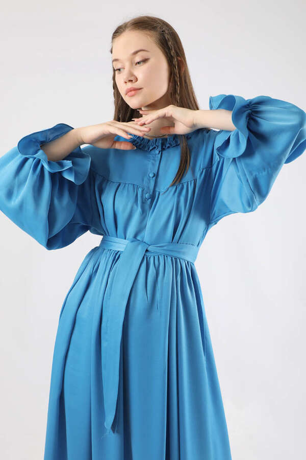 Robalı Saten Elbise Mavi - 2