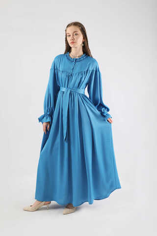 Robalı Saten Elbise Mavi - 3