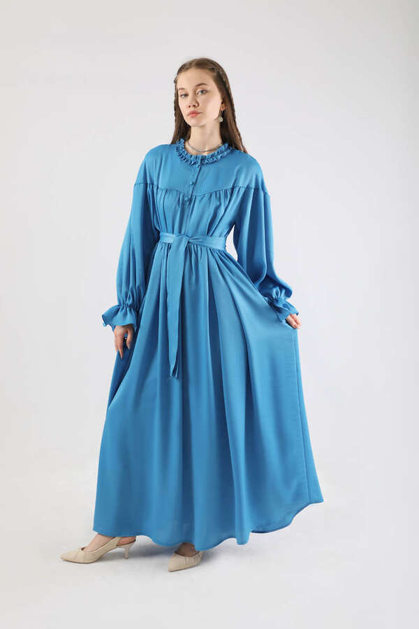 Robalı Saten Elbise Mavi - 3