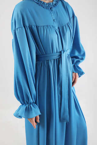 Robalı Saten Elbise Mavi - 4